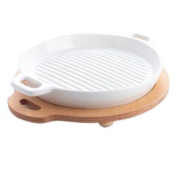 Tava Grill STUDIO CASA SRM963 cu Manere pe Suport de Lemn, 22 cm, Ceramica, Alb