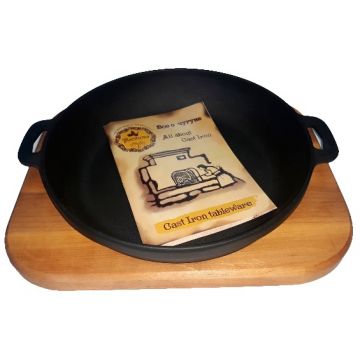 Hot Plate, platou fierbinte din fonta 18 x 2.5 cm, cu suport de lemn