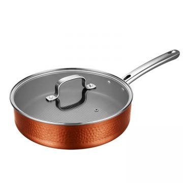 Tigaie cu maner de inox, 28 cm, cu finisaj gen cupru antichizat - lovitura de ciocan, cu capac de sticla