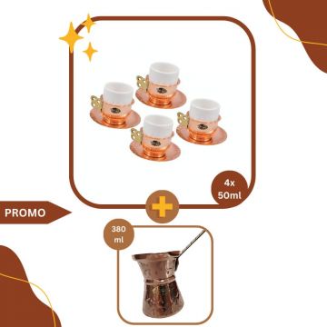 Pachet LoveCoffee, Set 4 Cesti Cupru 50 ml + Ibric Cafea 380 ml