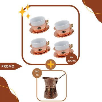 Pachet LoveCoffee XL, Set 4 Cesti Cupru 200 ml + Ibric Cafea 580 ml