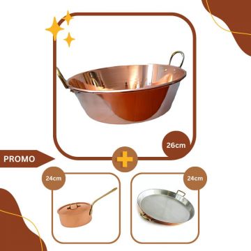 Pachet TopChef, Ceaun din Cupru Masiv 26cm + Cratita din Cupru 24cm + Tigaie Paella 24cm cu Manere din Bronz