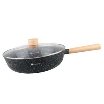 Tigaie WOK Goldmann cu capac, 30x8.5cm, Maner soft touch, Acoperire ceramica, Aluminiu turnat