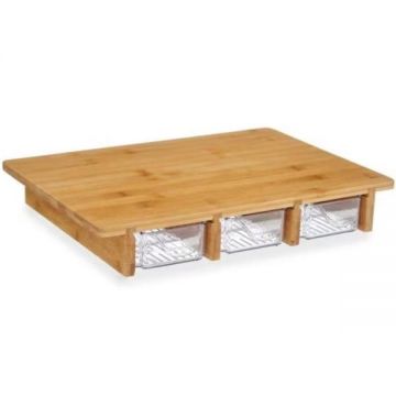 Tocator legume, fructe, alimente, bambus, cu 3 compartimente pentru depozitare, 40 x 28 X 6 cm