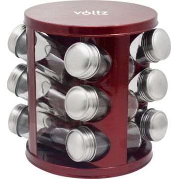 Set condimente 12 recipiente sticla cu capac inox Voltz OV51217A12, Rotativ, Rosu lucios