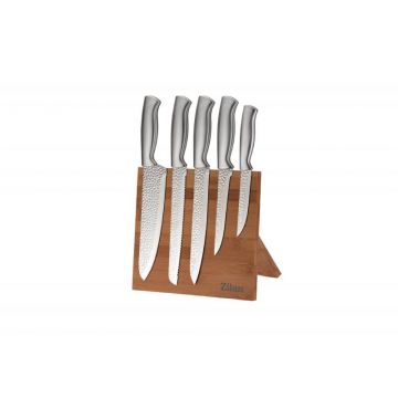 Set cutite 6 piese Zilan ZLN1641, Suport inclus din bambus, Cutite din otel inoxidabil 3CR13, Compatibil masina de spalat vase