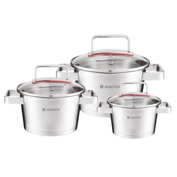 Set oale 6 piese Selection, Ambition, 16/20/24 cm, 1.6 L/3.2 L/5.3 L, inox/sticla, argintiu/transparent