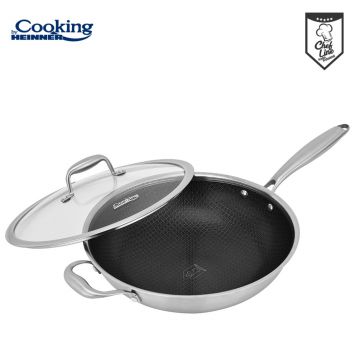 Tigaie Wok 4.5 L, Titanium, Cooking by Heinner, 30x8.5 cm, inox/sticla, argintiu