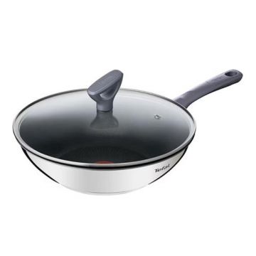 Tigaie Wok Tefal Daily Cook G7309955, 28cm, cu capac de sticla, otel (Argintiu)