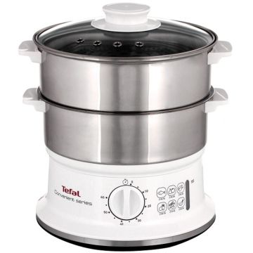 Aparat de gatit cu aburi Tefal VC145130, 900W, 6 L, timer de 60 de minute cu oprire automata, compatibil cu masina de spalat vase, nivel de apa vizibil, accesoriu pentru orez, alb/inox