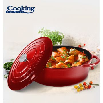 Oala cu capac Red Line, Cooking by Heinner, 33.5x26x12 cm, 6 L, fonta/inox, rosu