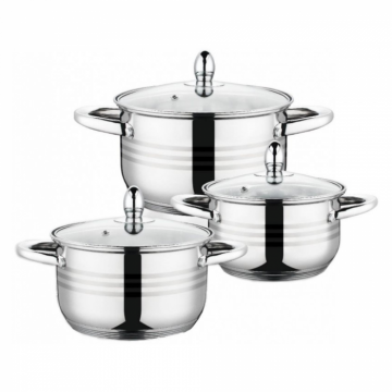 Set 6 piese  3 oale din inox cu capace din sticla termorezistenta Grunberg