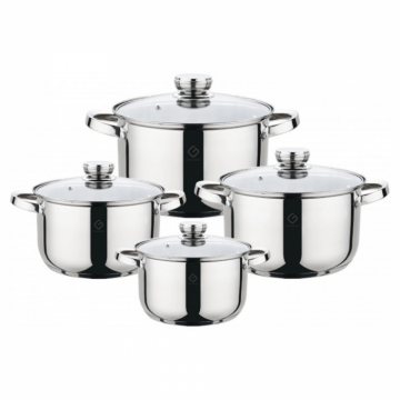 Set 8 piese  4 oale din inox cu capace din sticla termorezistenta Grunberg