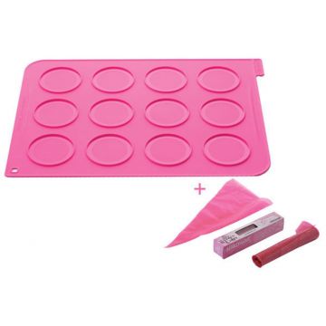 Set plansa de copt si 24 pungi decorare prajituri Whoopies Mat Kit, Silikomart, 40x30 cm, Ø 7 cm,