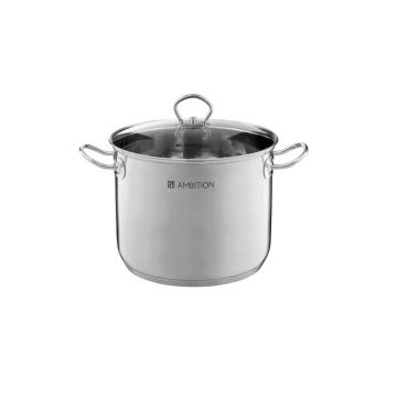 Oala inalta cu capac Acero, Ambition, 26 cm, 11 L, inox/sticla, argintiu