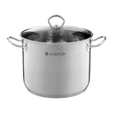 Oala inalta cu capac Acero, Ambition, 34 cm, 22.3 L, inox/sticla, argintiu